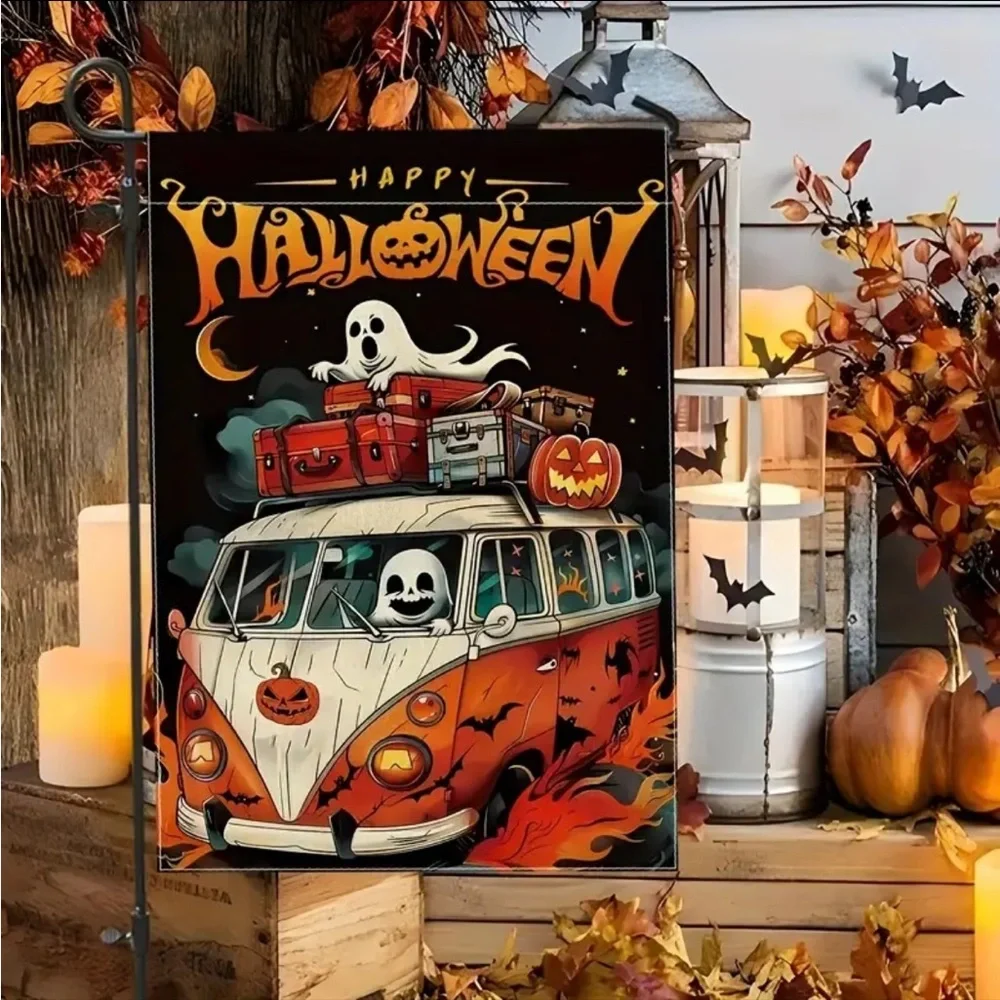 Happy Halloween Ghost Van Garden Flag 12x18-NEW